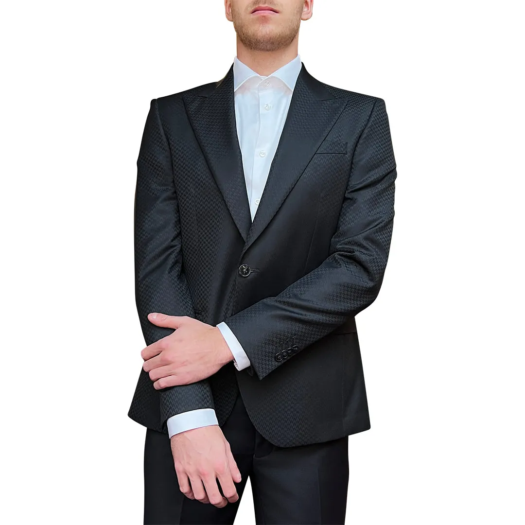 Tonal Pattern Peak Lapel Blazer - Black