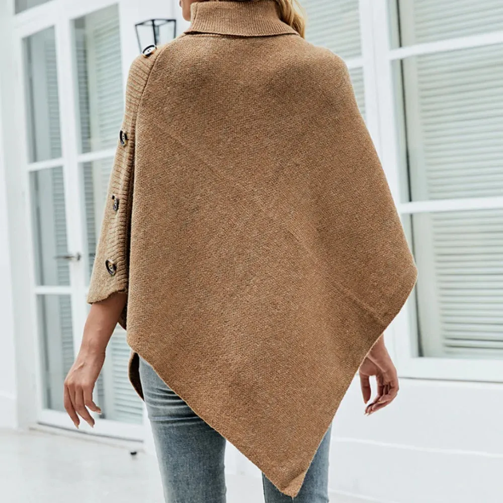 Turtleneck Poncho With Side Buttons Details | CozyCouture®
