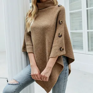 Turtleneck Poncho With Side Buttons Details | CozyCouture®