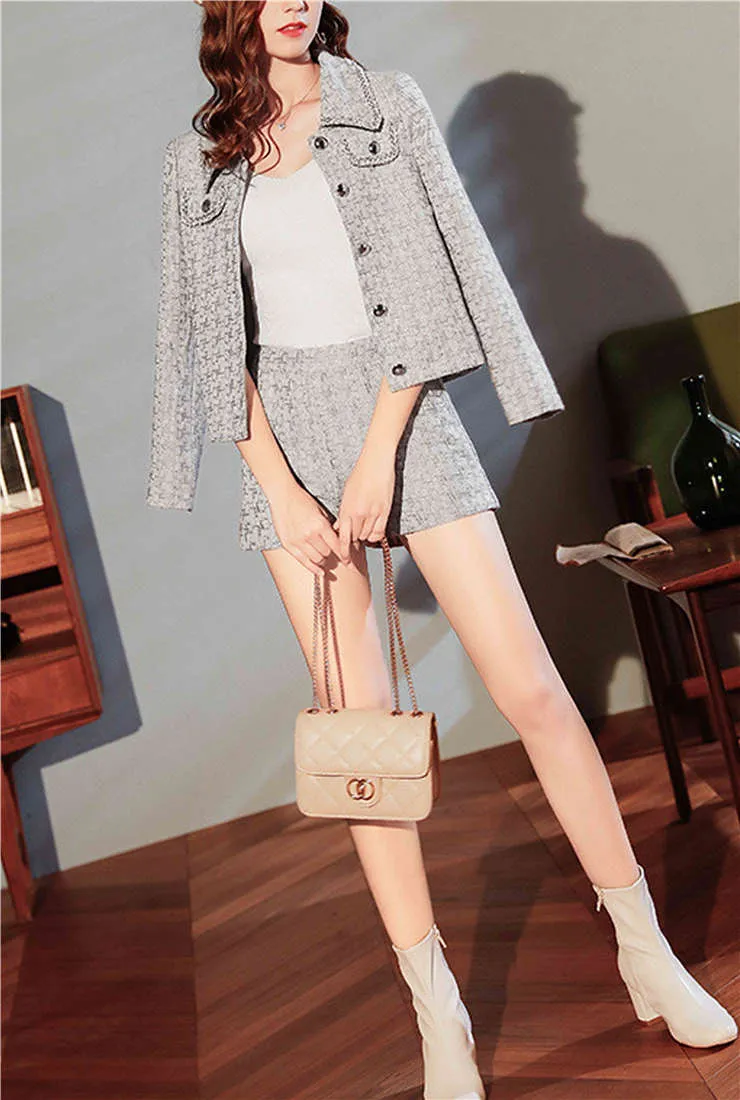 Tweed Plaid Jacket   Short Skirt/Shorts Two Piece Set
