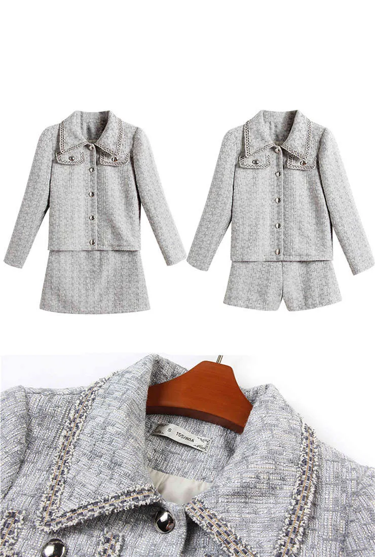 Tweed Plaid Jacket   Short Skirt/Shorts Two Piece Set