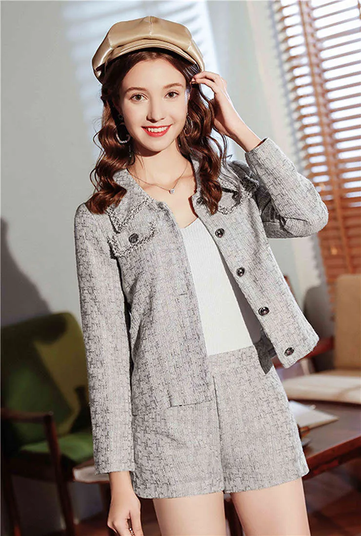 Tweed Plaid Jacket   Short Skirt/Shorts Two Piece Set