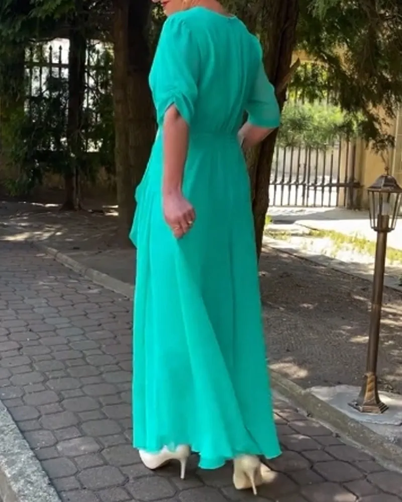 V-neck slit flowing solid color dress