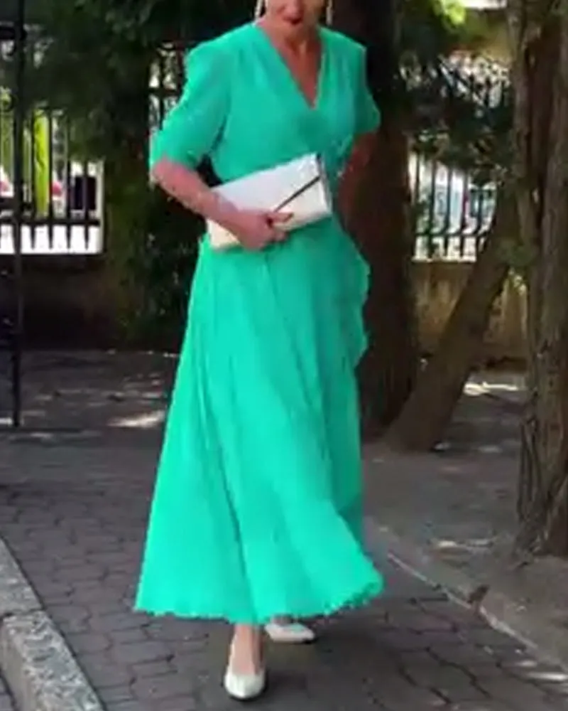 V-neck slit flowing solid color dress