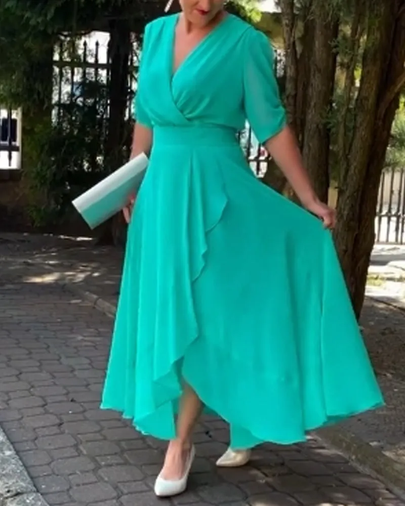 V-neck slit flowing solid color dress