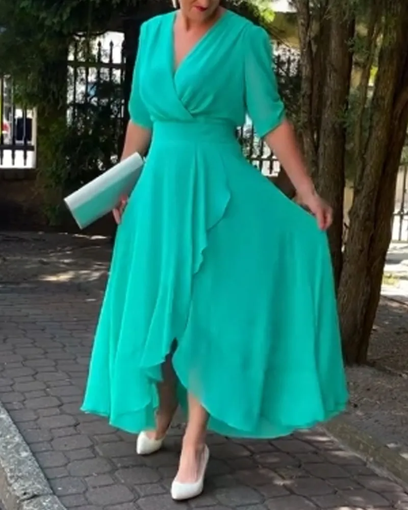 V-neck slit flowing solid color dress
