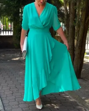 V-neck slit flowing solid color dress