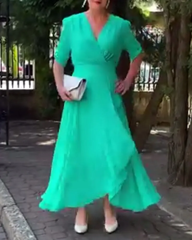 V-neck slit flowing solid color dress