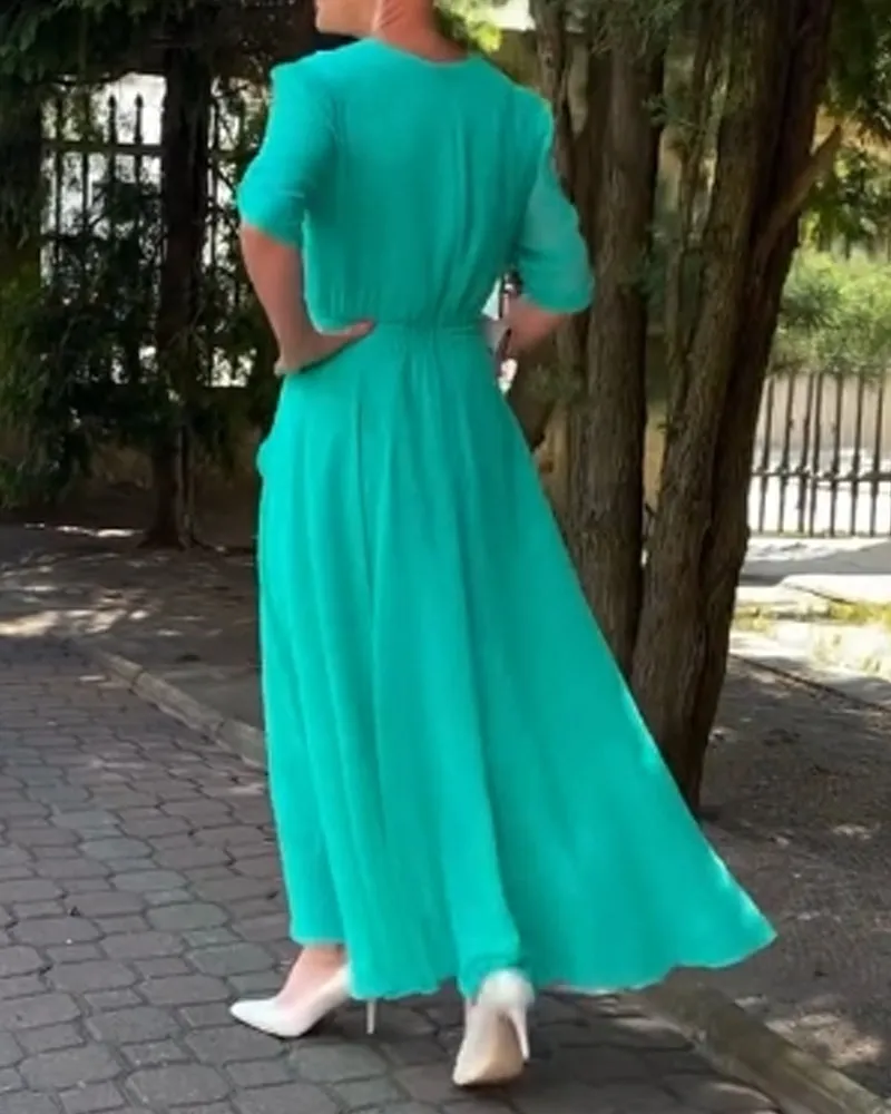 V-neck slit flowing solid color dress