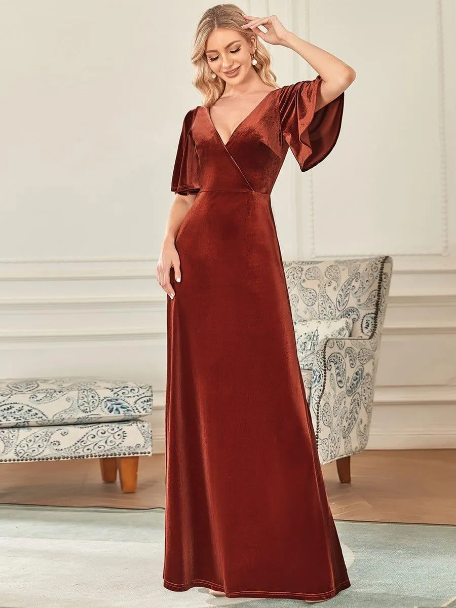 Velvet Double V Neck Maxi Bridesmaid Dress