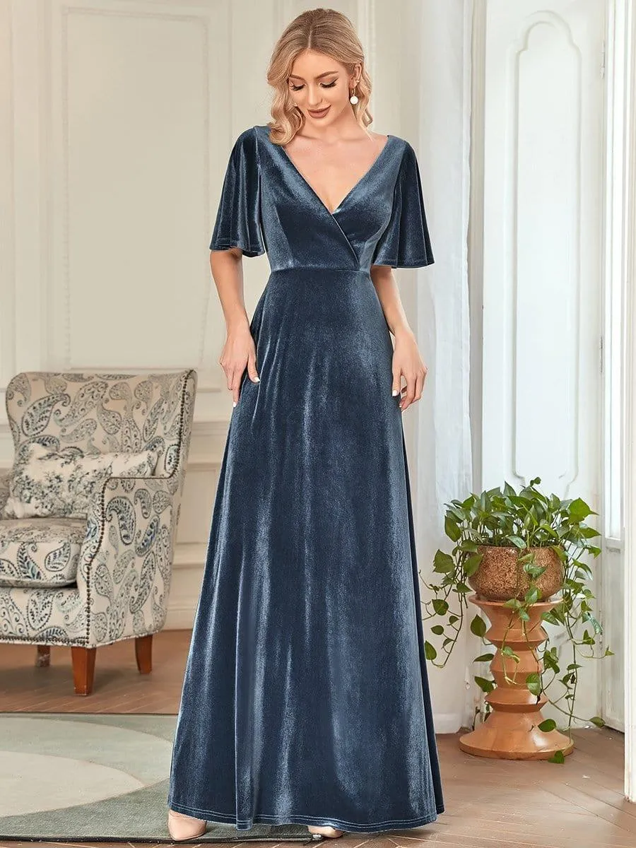 Velvet Double V Neck Maxi Bridesmaid Dress