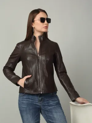 Women Brown High-Neck Leather Jacket