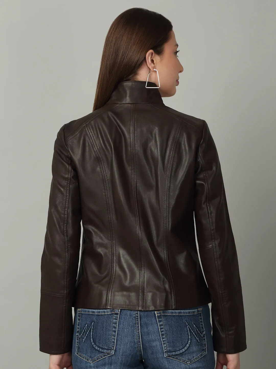 Women Brown High-Neck Leather Jacket
