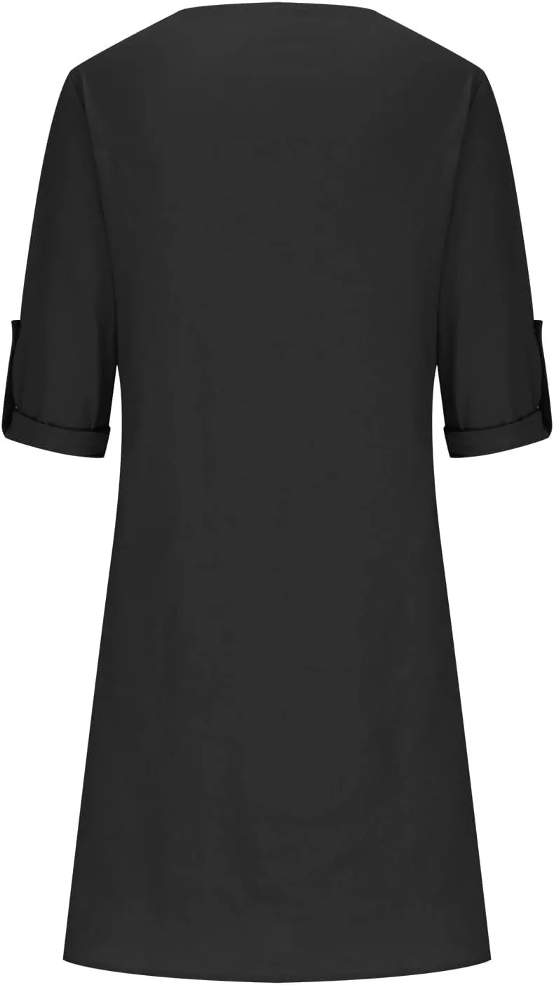 Womens Dresses Casual Loose Fit Cotton Linen Notch V Neck Mini Dress Summer Long Sleeve Going Out Dress for Ladies