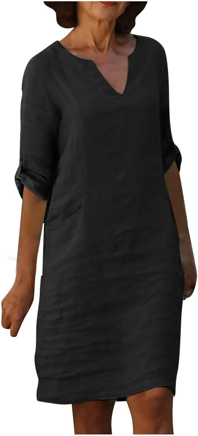 Womens Dresses Casual Loose Fit Cotton Linen Notch V Neck Mini Dress Summer Long Sleeve Going Out Dress for Ladies