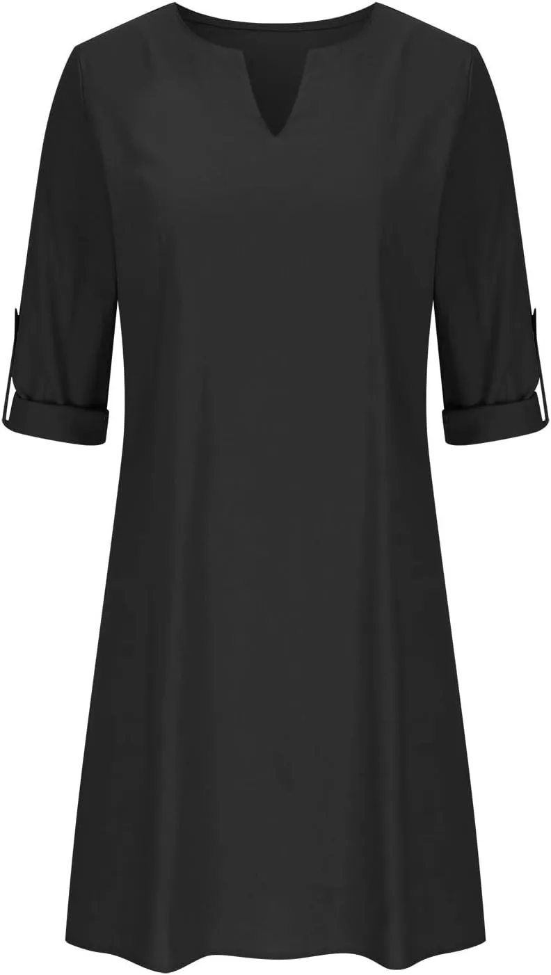Womens Dresses Casual Loose Fit Cotton Linen Notch V Neck Mini Dress Summer Long Sleeve Going Out Dress for Ladies