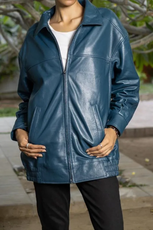Womens Oversized Blue Leather Jacket