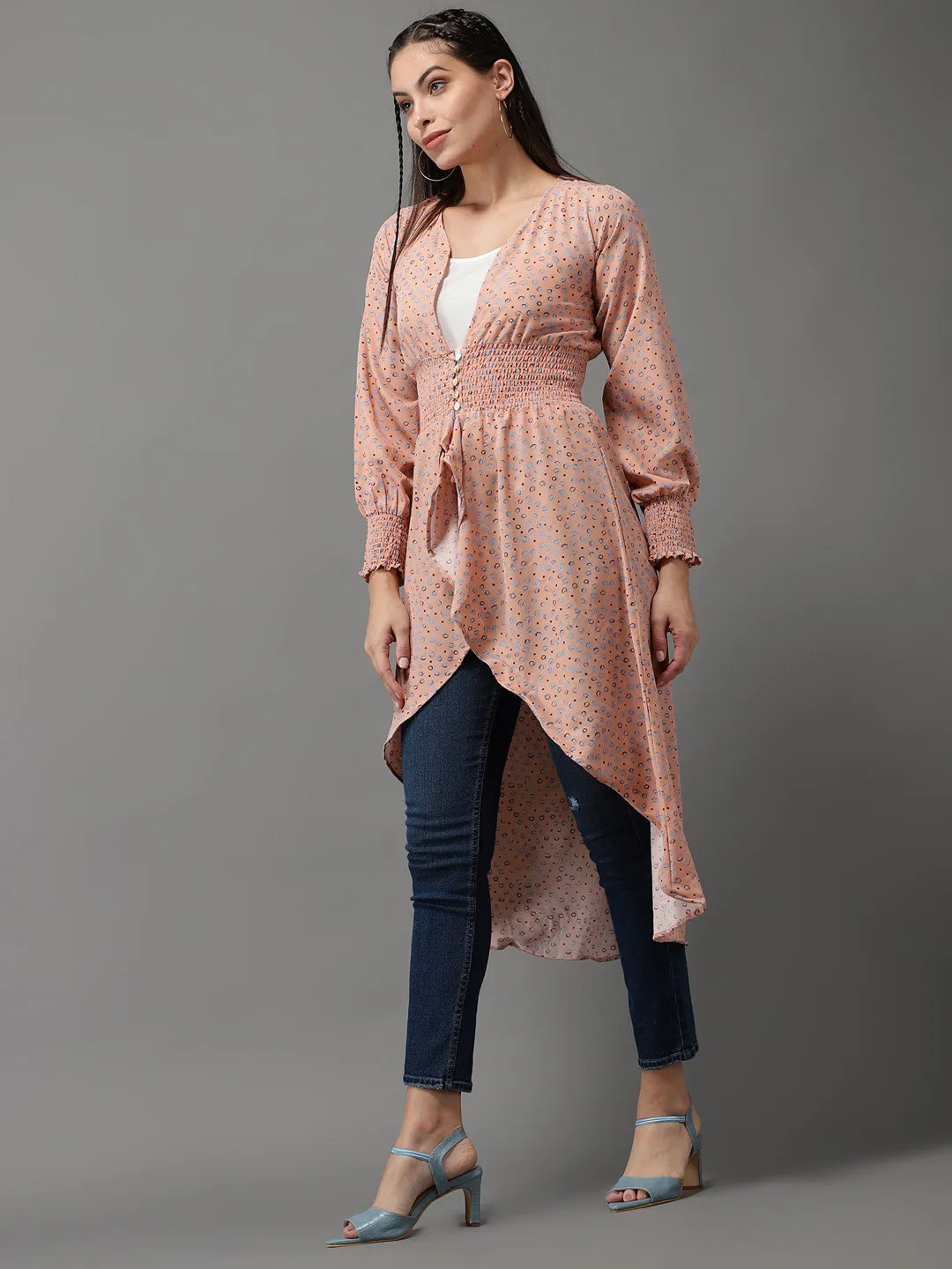 Women's Pink Printed High-Low Longline Top