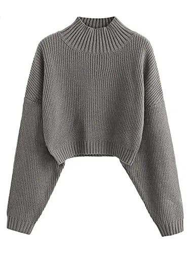 ZAFUL Women's Cropped Turtleneck Sweater Lantern Sleeve Ribbed Knit Pullover Sweater Jumper (1-Gray, M)