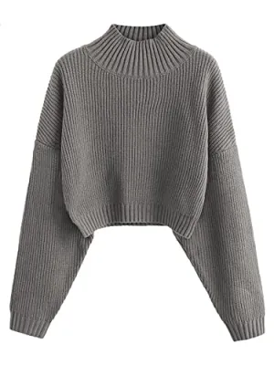 ZAFUL Women's Cropped Turtleneck Sweater Lantern Sleeve Ribbed Knit Pullover Sweater Jumper (1-Gray, M)